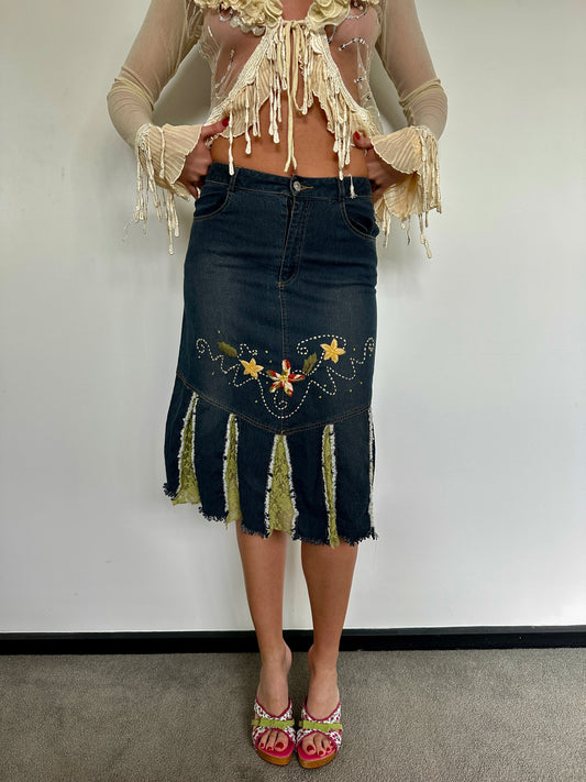 Denim Embellished Midi Skirt