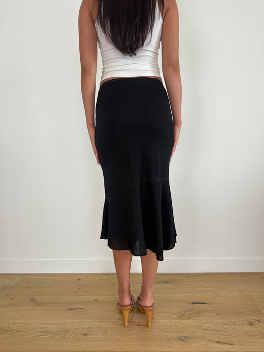 Black Lace Trim Midi Skirt