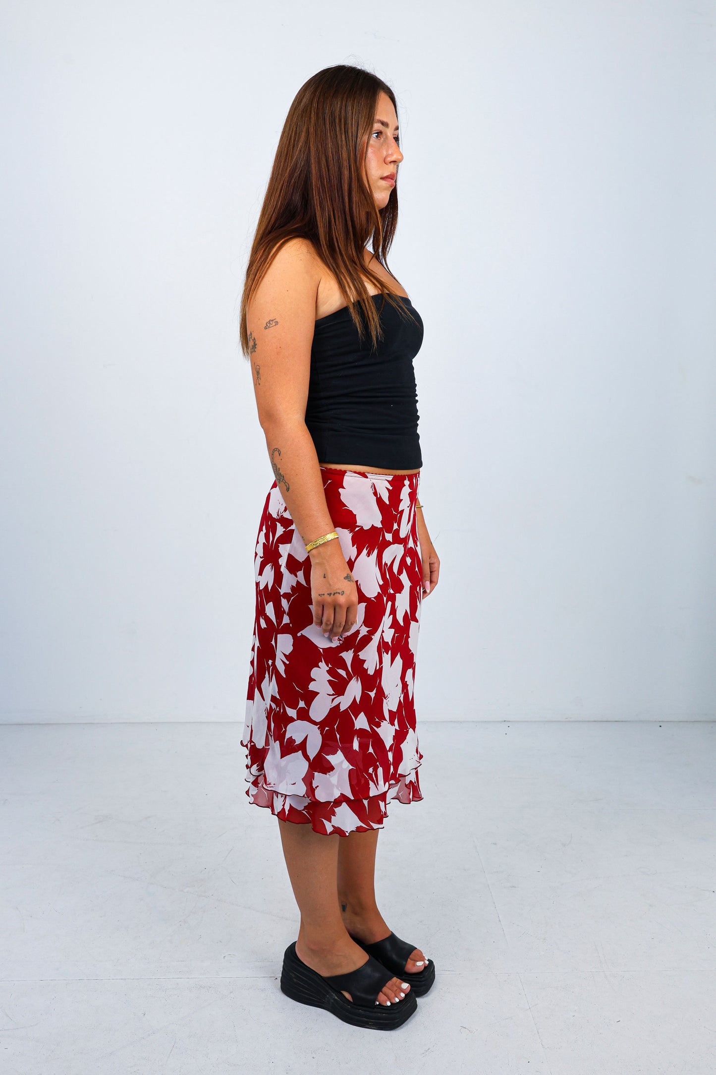 Red Floral Midi Skirt