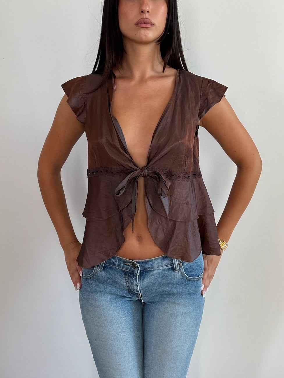 Brown Tie Front Blouse
