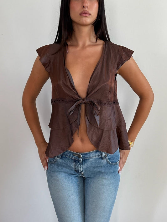Brown Tie Front Blouse