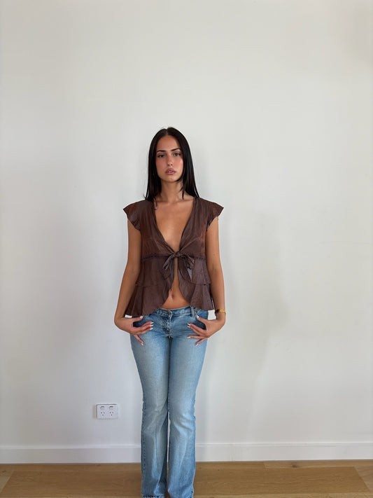 Brown Tie Front Blouse