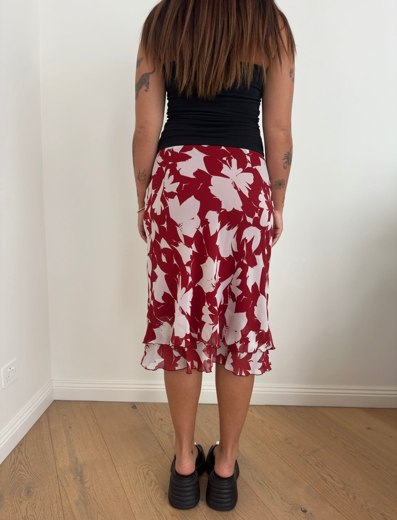 Red Floral Midi Skirt