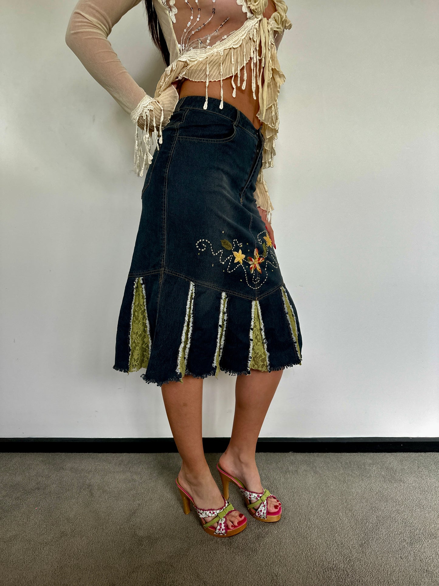 Denim Embellished Midi Skirt