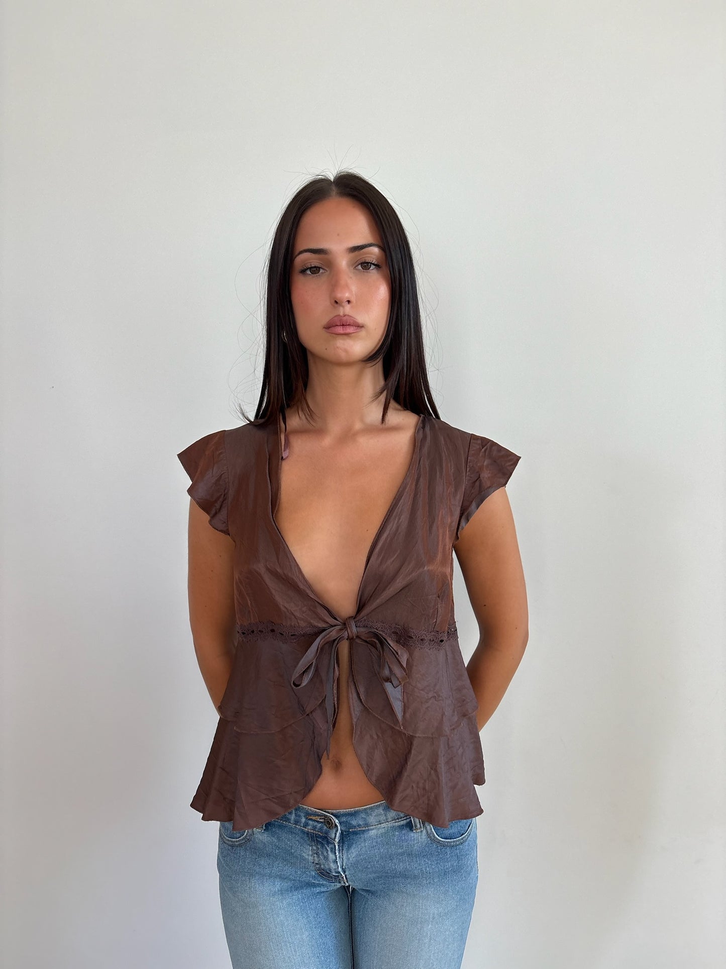Brown Tie Front Blouse