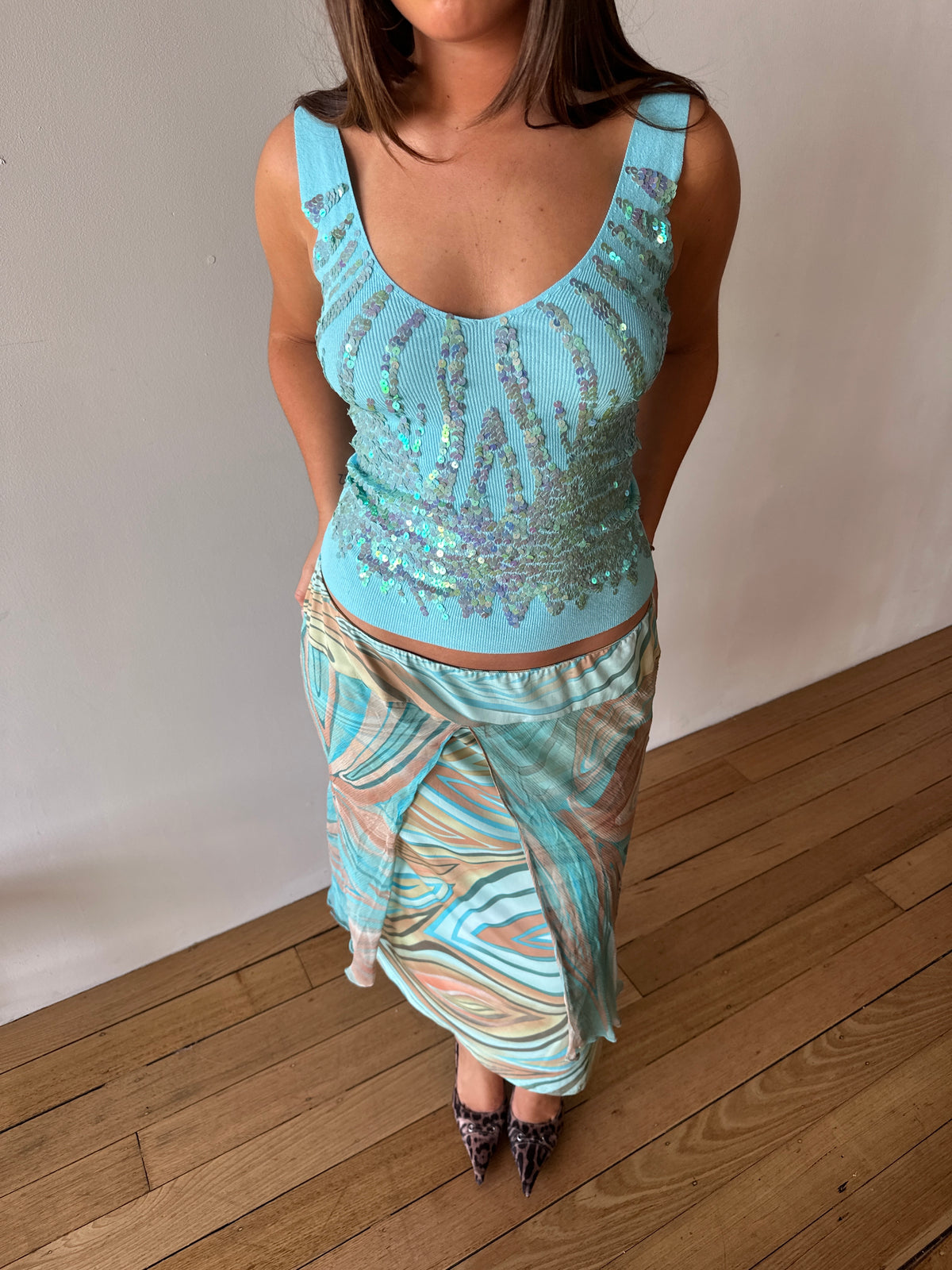 Aqua Swirl Midi Skirt