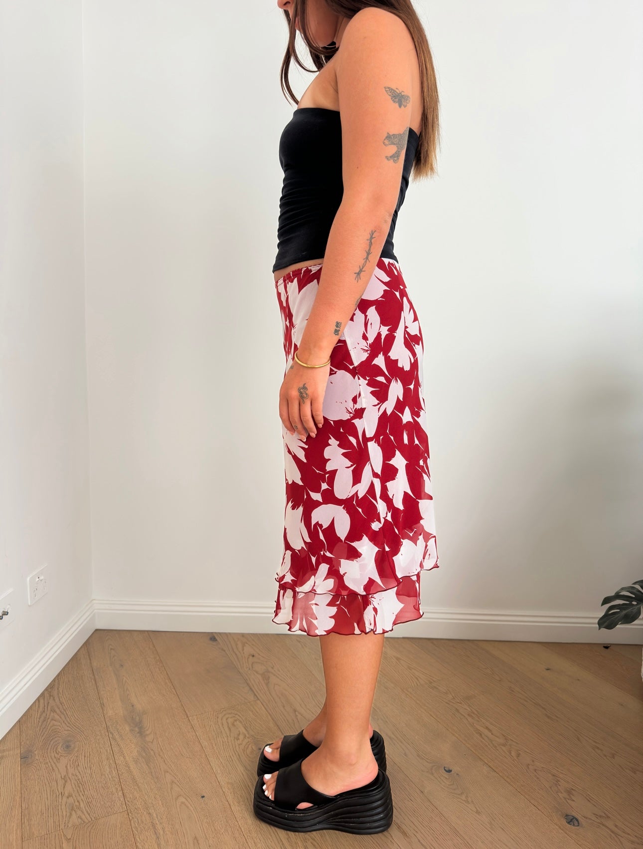 Red Floral Midi Skirt