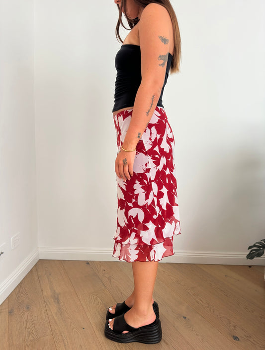 Red Floral Midi Skirt