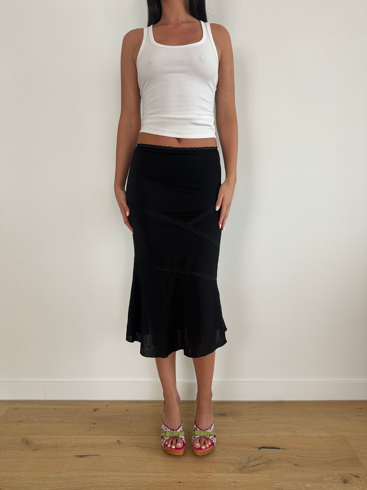 Black Lace Trim Midi Skirt