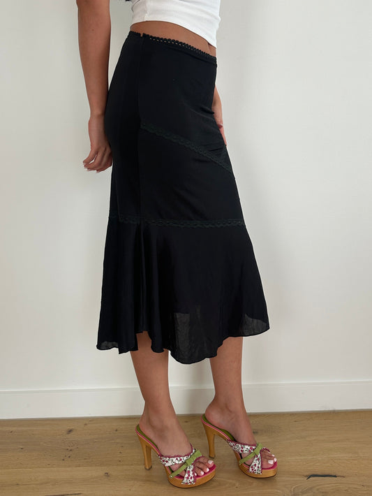 Black Lace Trim Midi Skirt