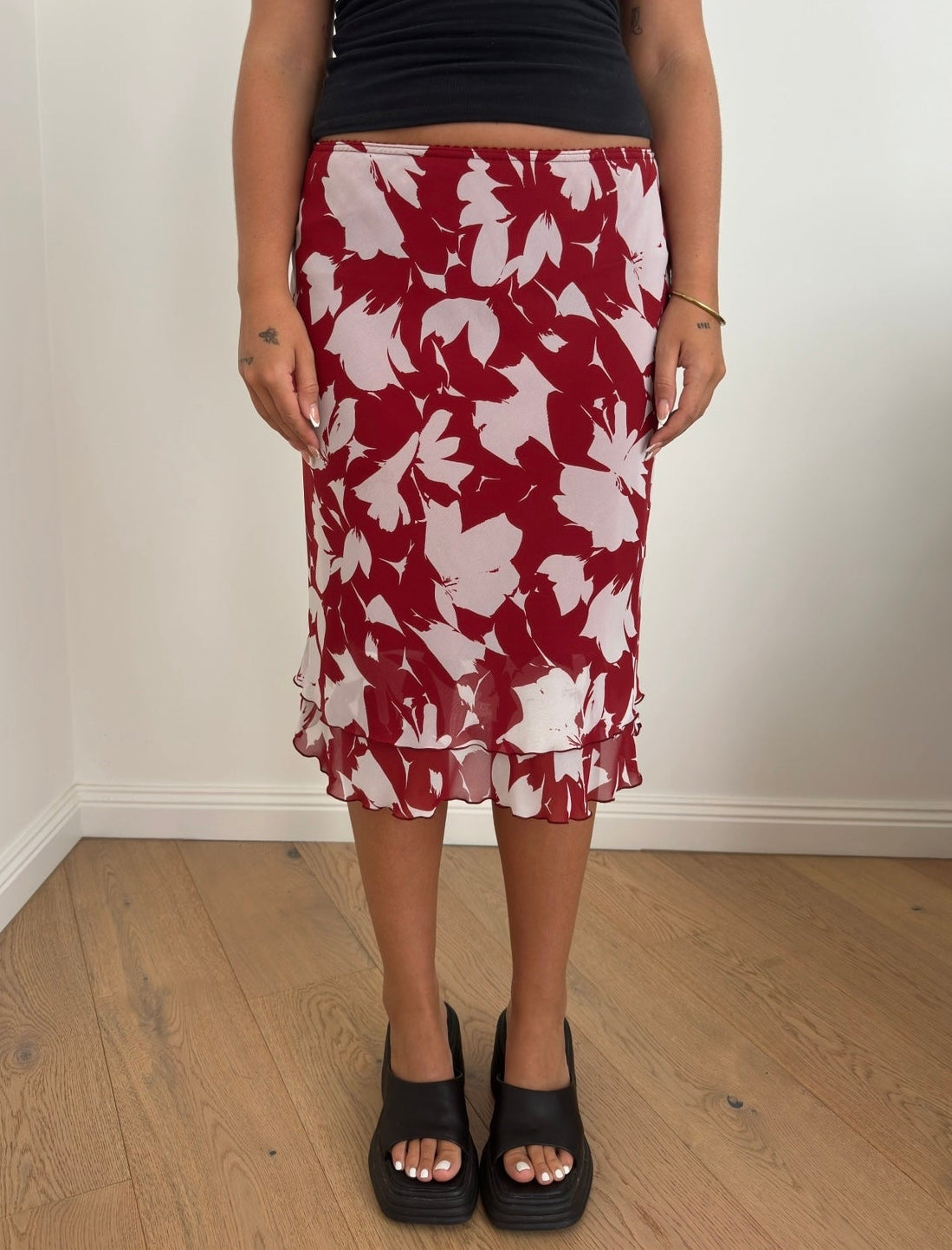 Red Floral Midi Skirt