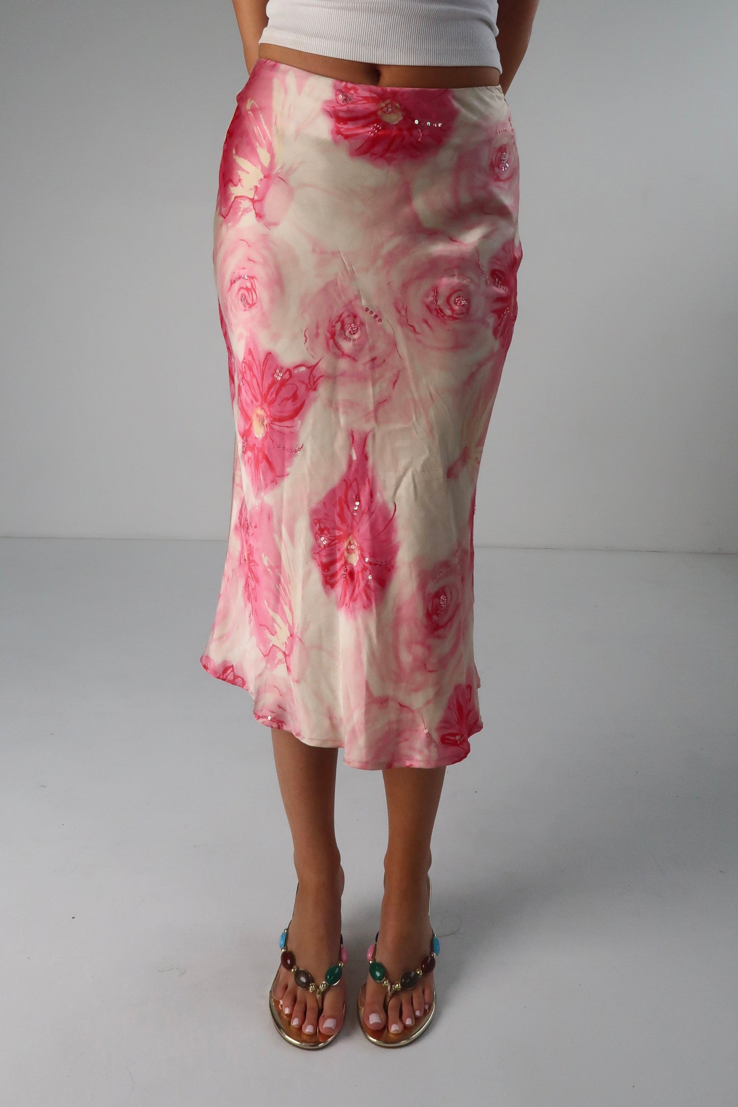 Silk Beaded Floral Midi Skirt