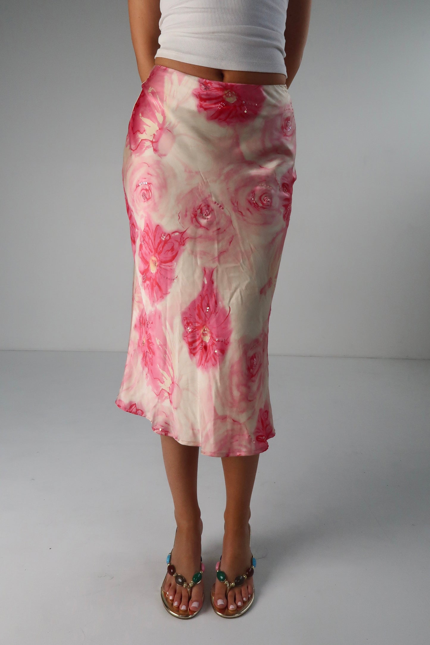 Silk Beaded Floral Midi Skirt