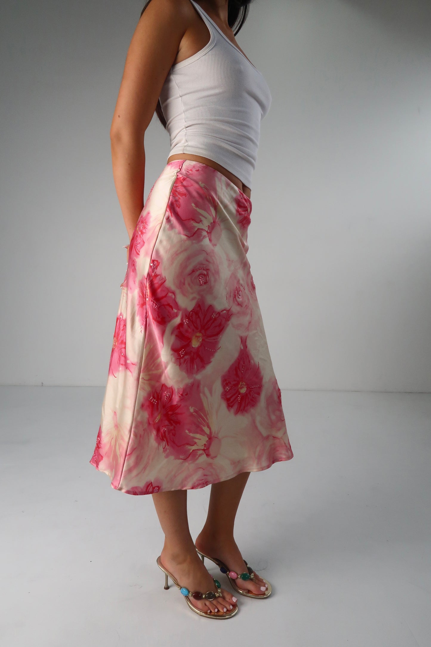 Silk Beaded Floral Midi Skirt