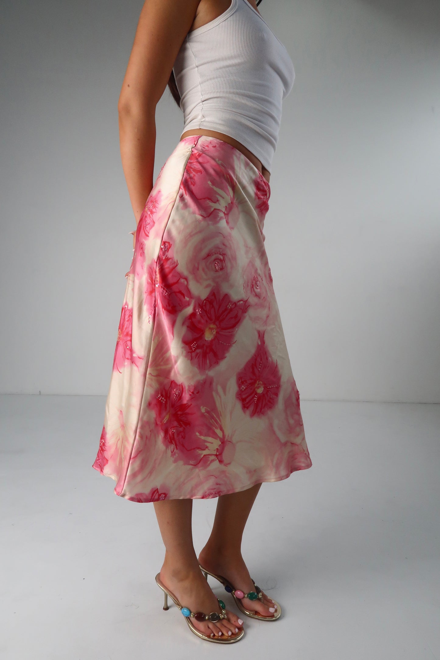 Silk Beaded Floral Midi Skirt