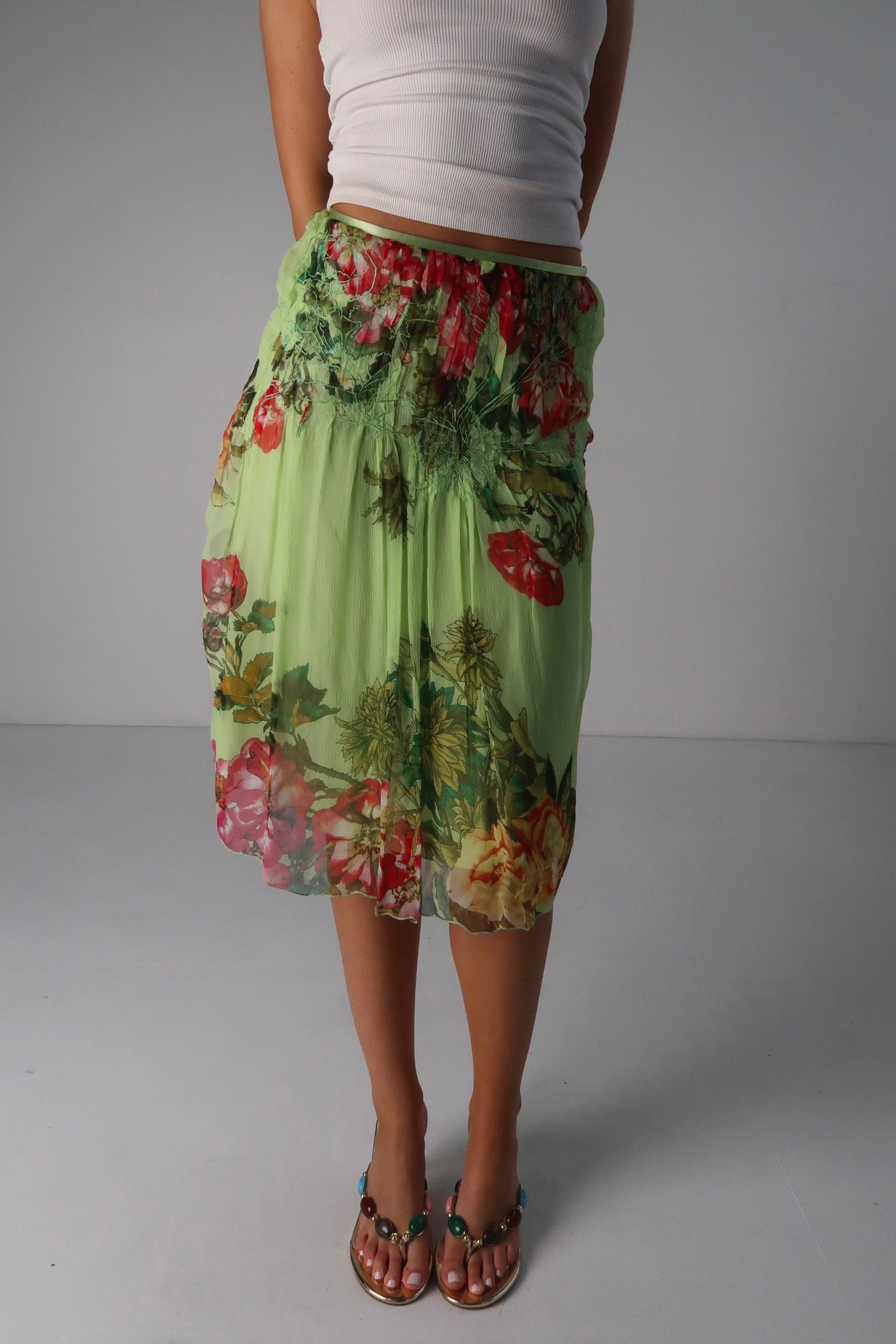 Green Floral Midi Skirt