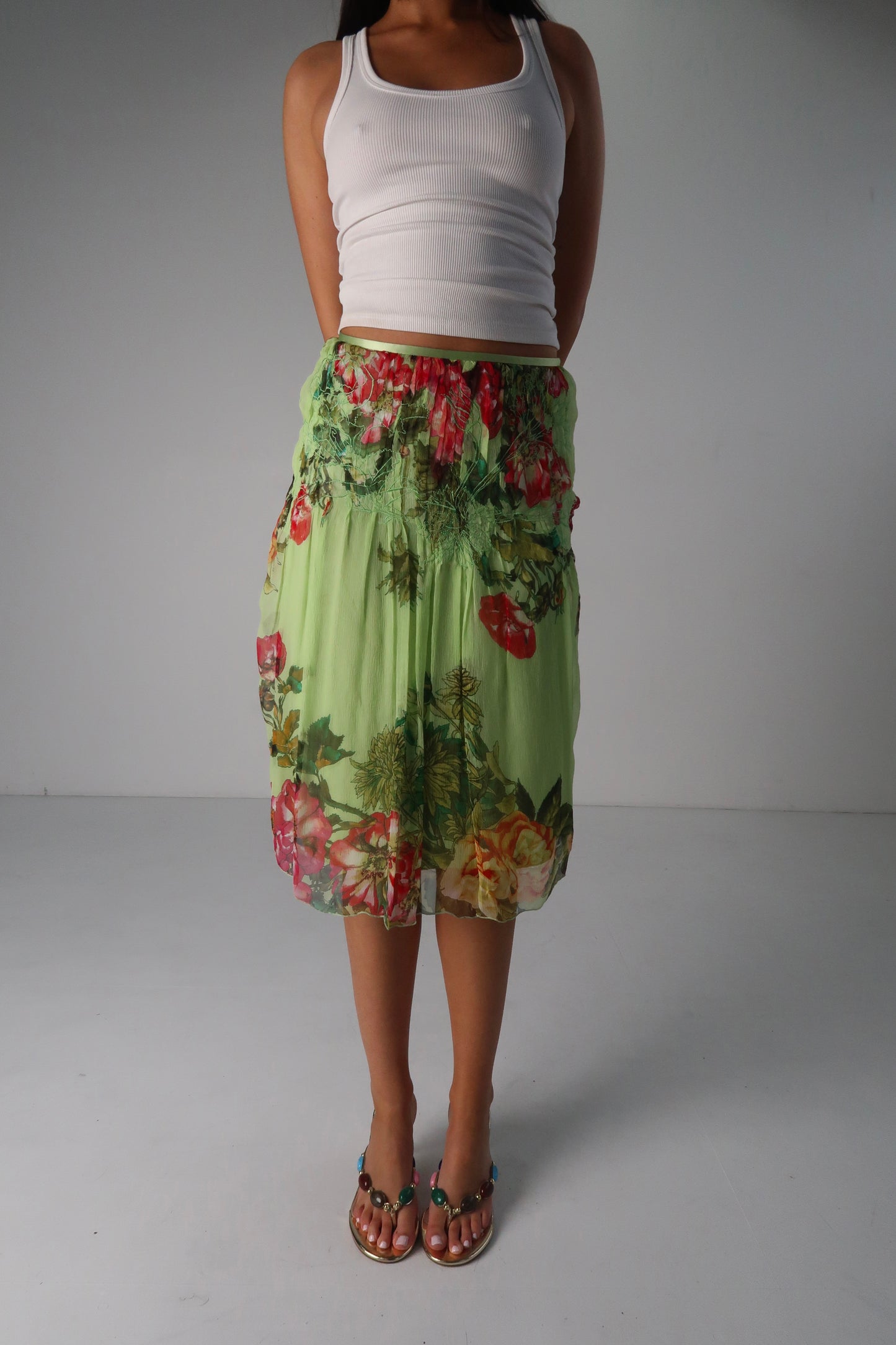 Green Floral Midi Skirt