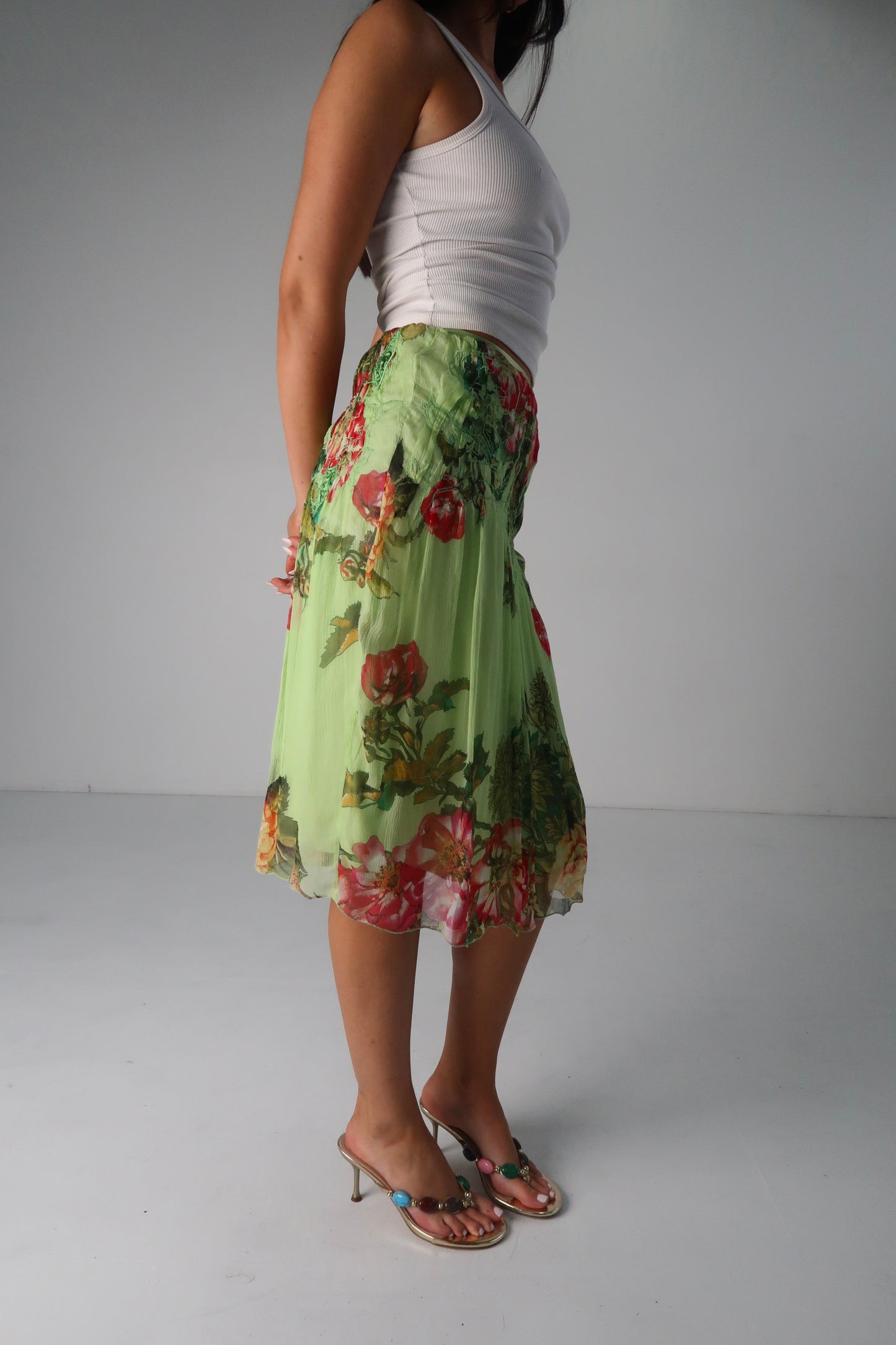 Green Floral Midi Skirt