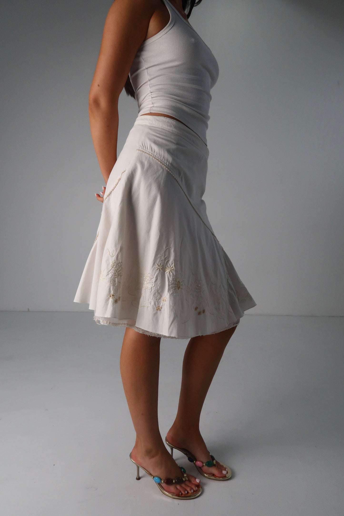 White Beaded Midi Skirt