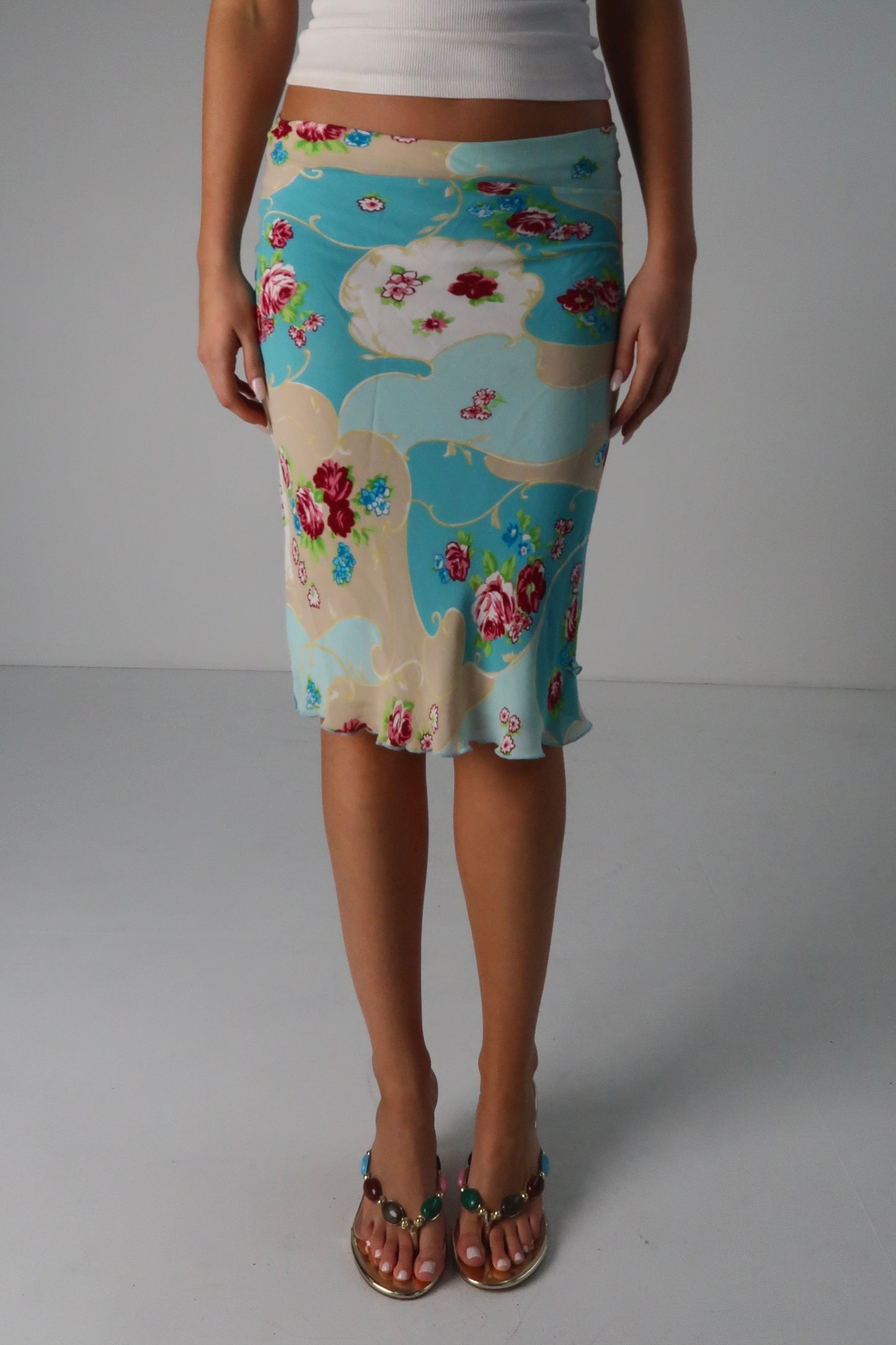 Blue Floral Midi Skirt