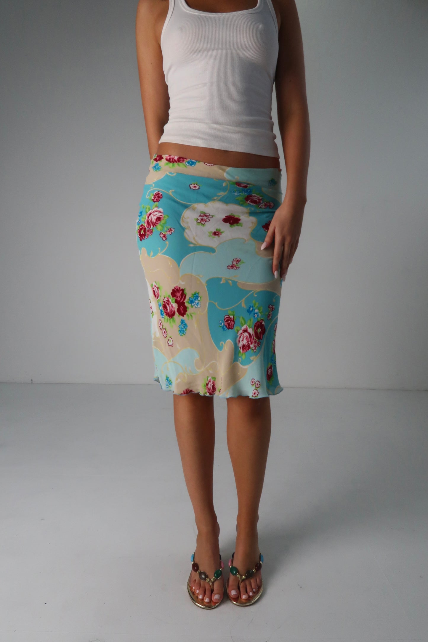 Blue Floral Midi Skirt