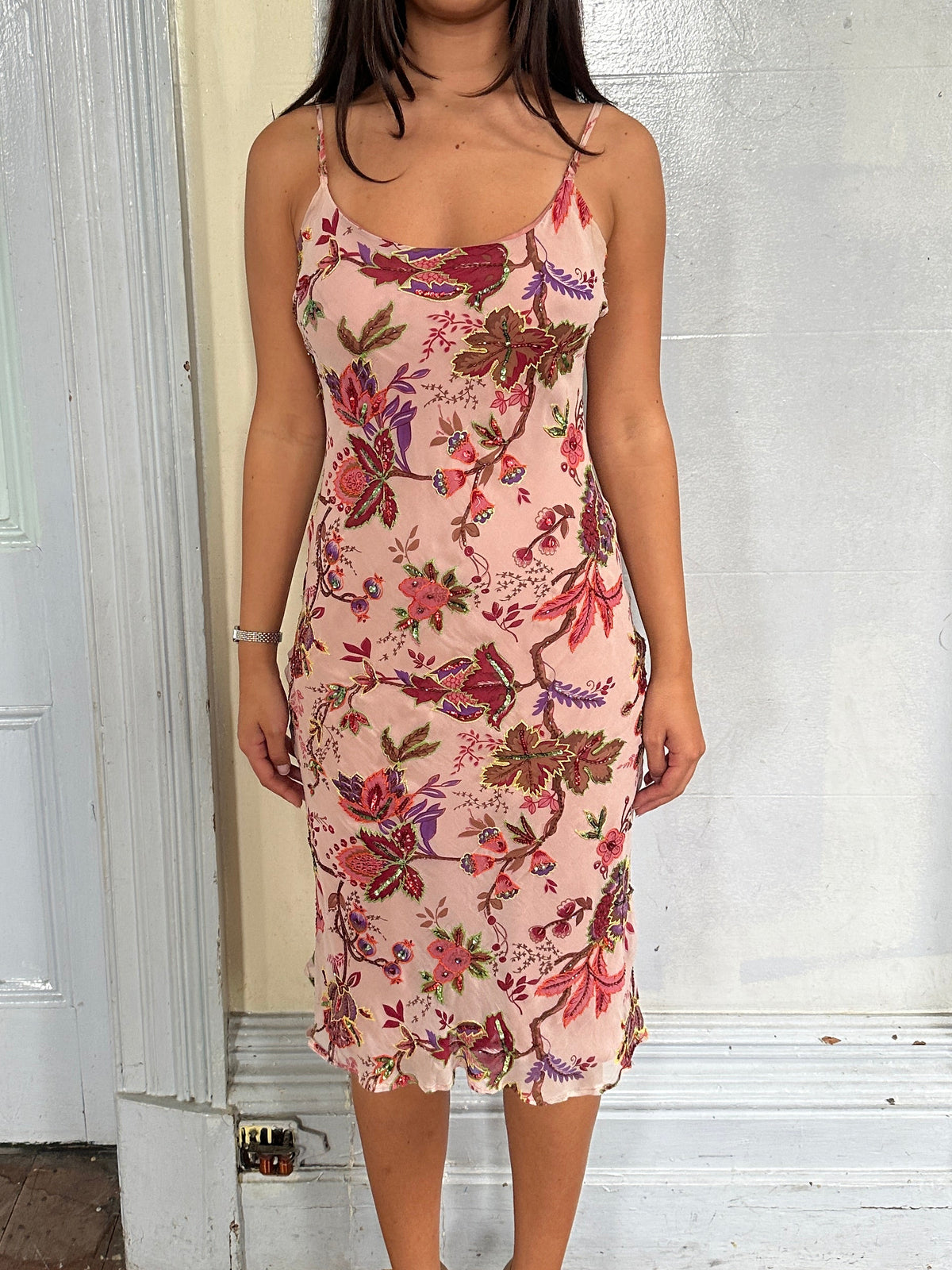 French Silk Beaded Floral Midi Dress