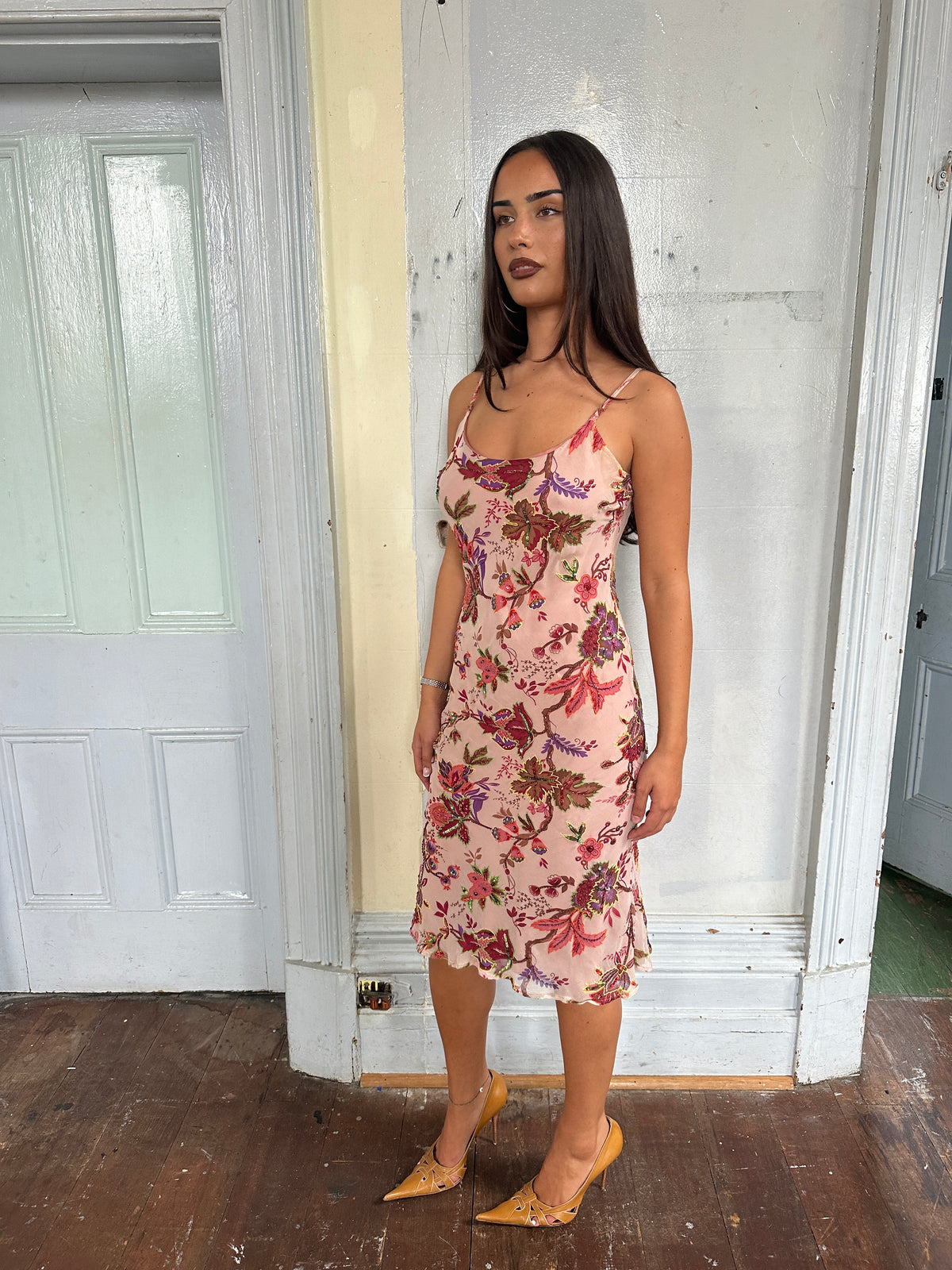 French Silk Beaded Floral Midi Dress