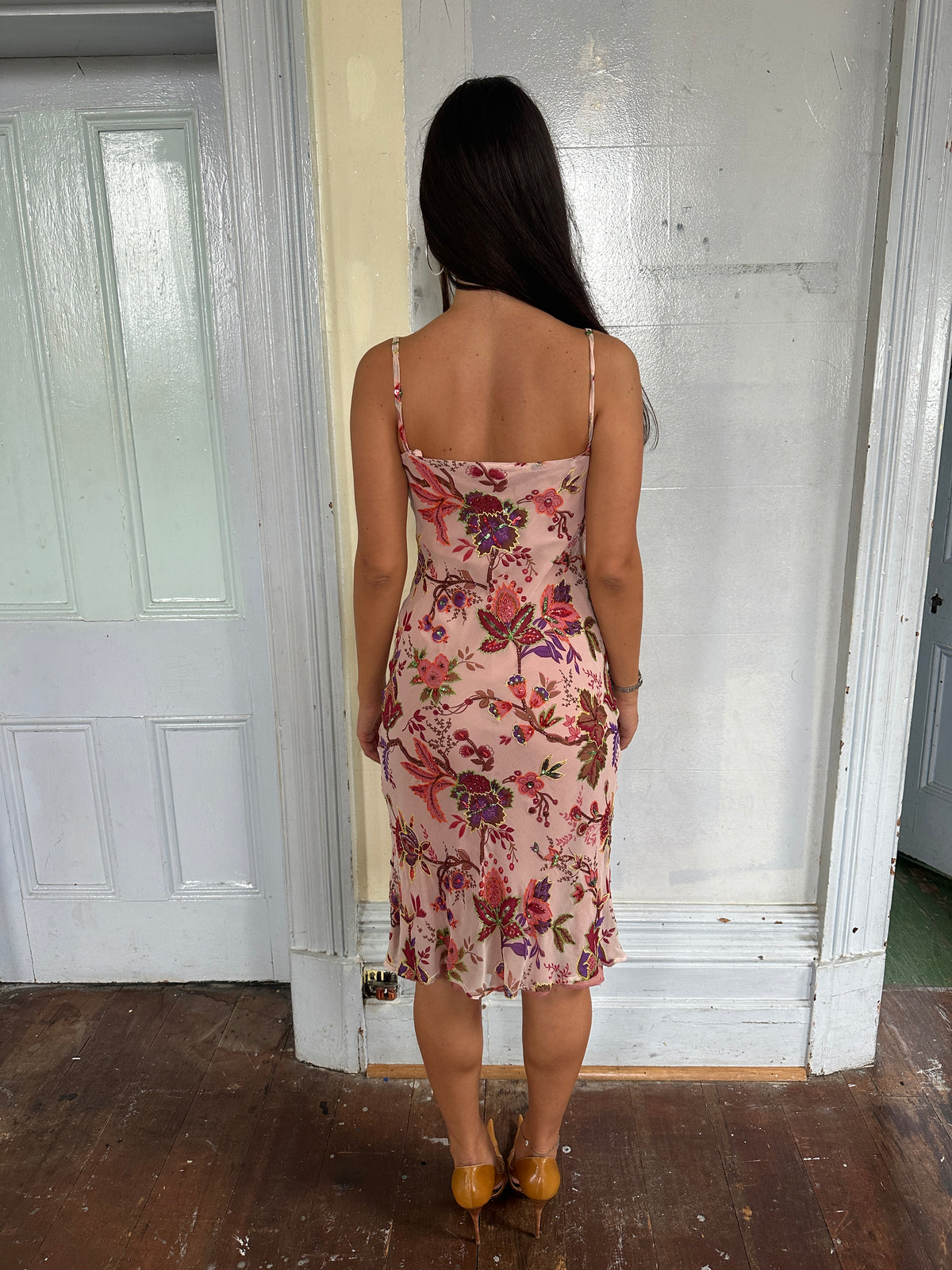 French Silk Beaded Floral Midi Dress