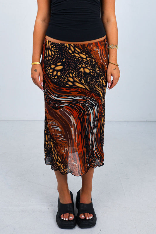 Brown Multi Midi Skirt