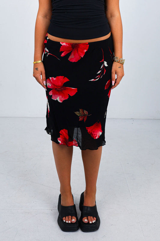 Red Floral Midi Skirt