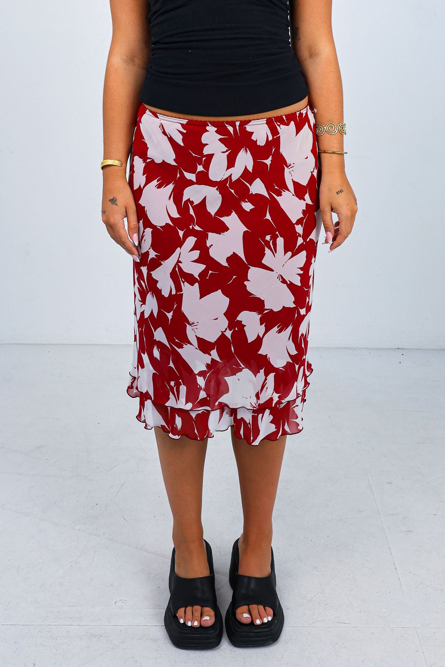 Red Floral Midi Skirt